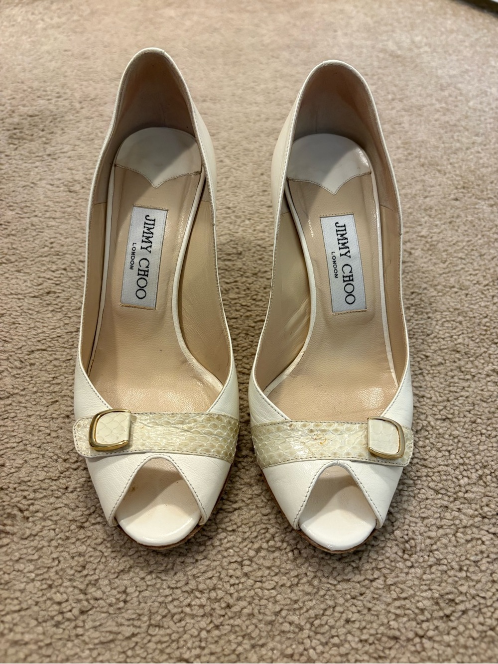 Jimmy Choo Ivory Peep-Toe Pumps with Gold Buckle Detail